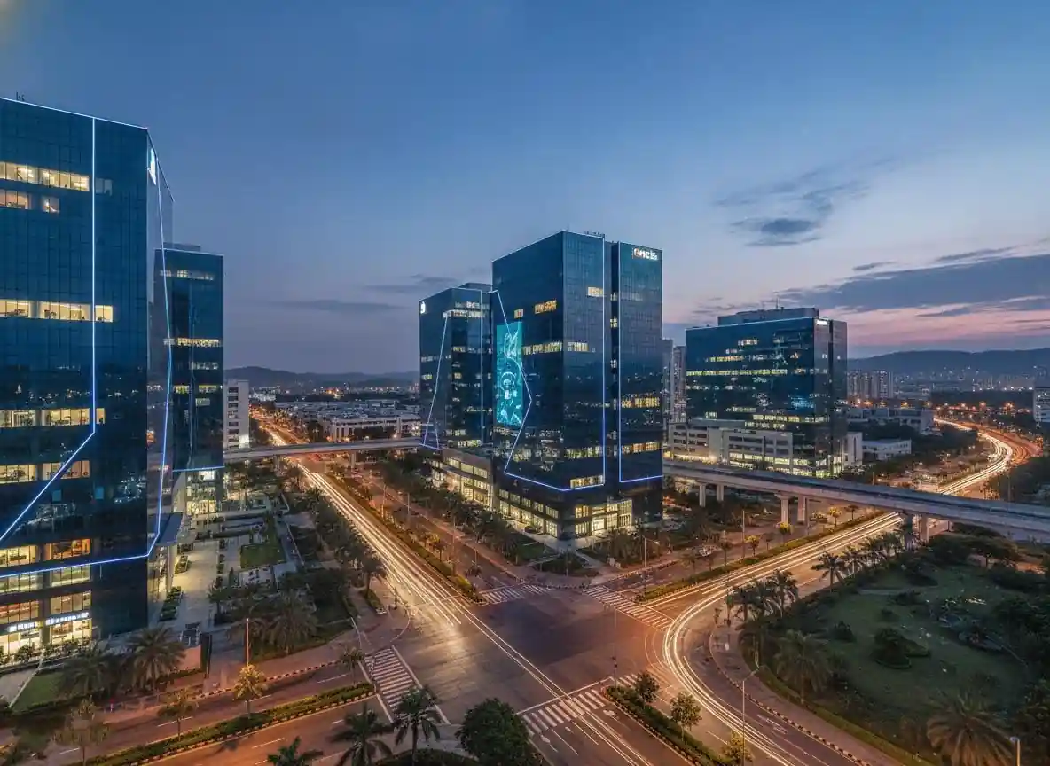 Hinjawadi Pune IT park with modern glass buildings at dusk