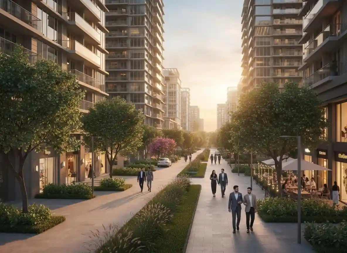 Kalyani Nagar Pune tree-lined boulevard with luxury apartments