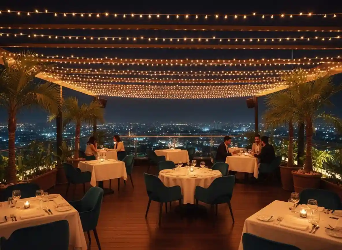 Luxury rooftop restaurant in Pune at night