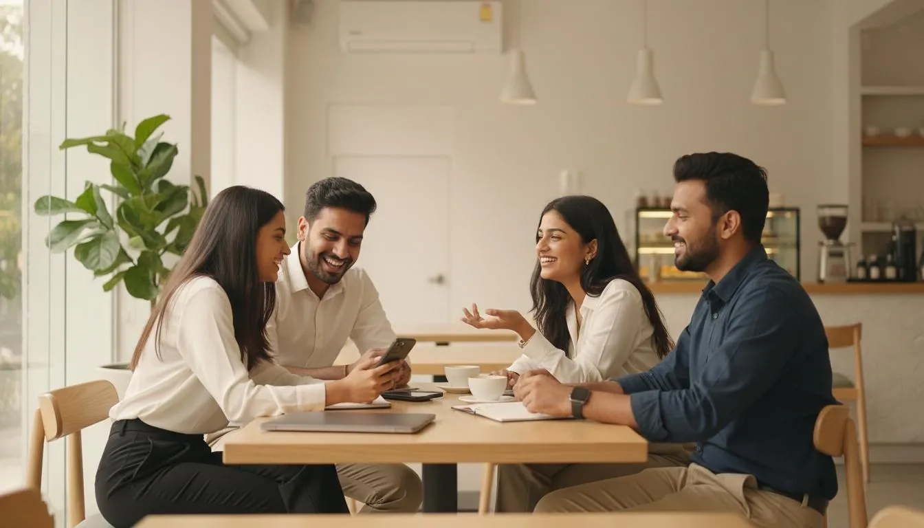 Young professionals having an engaging conversation at a modern cafe